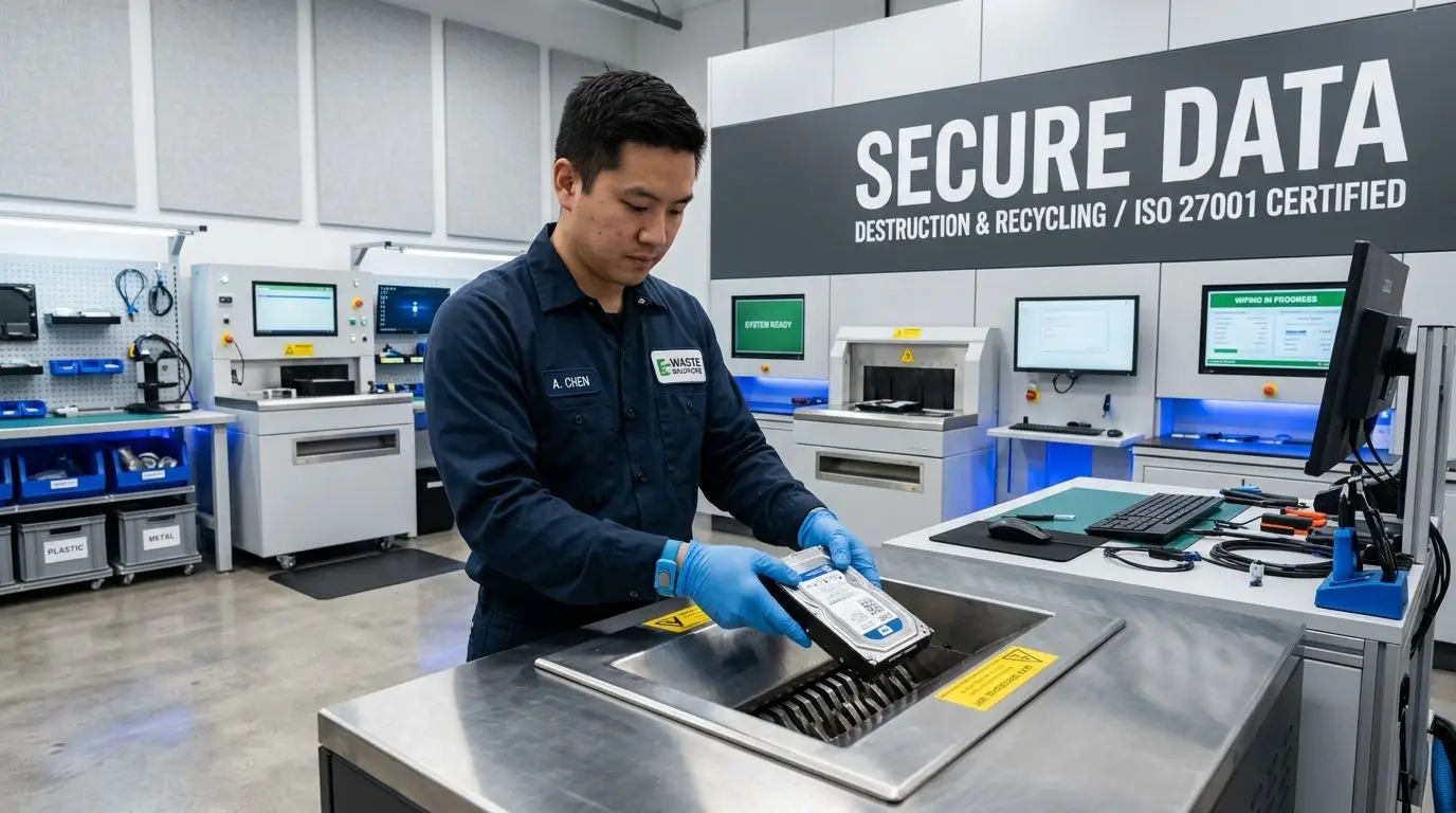 A technician wearing blue gloves places a hard drive into an industrial shredder for secure data destruction.