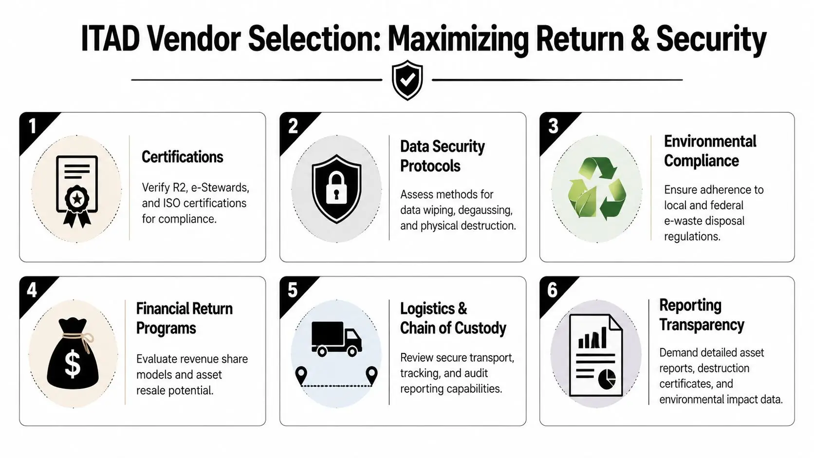 A six-step infographic detailing best practices for selecting an ITAD vendor for security and financial return.