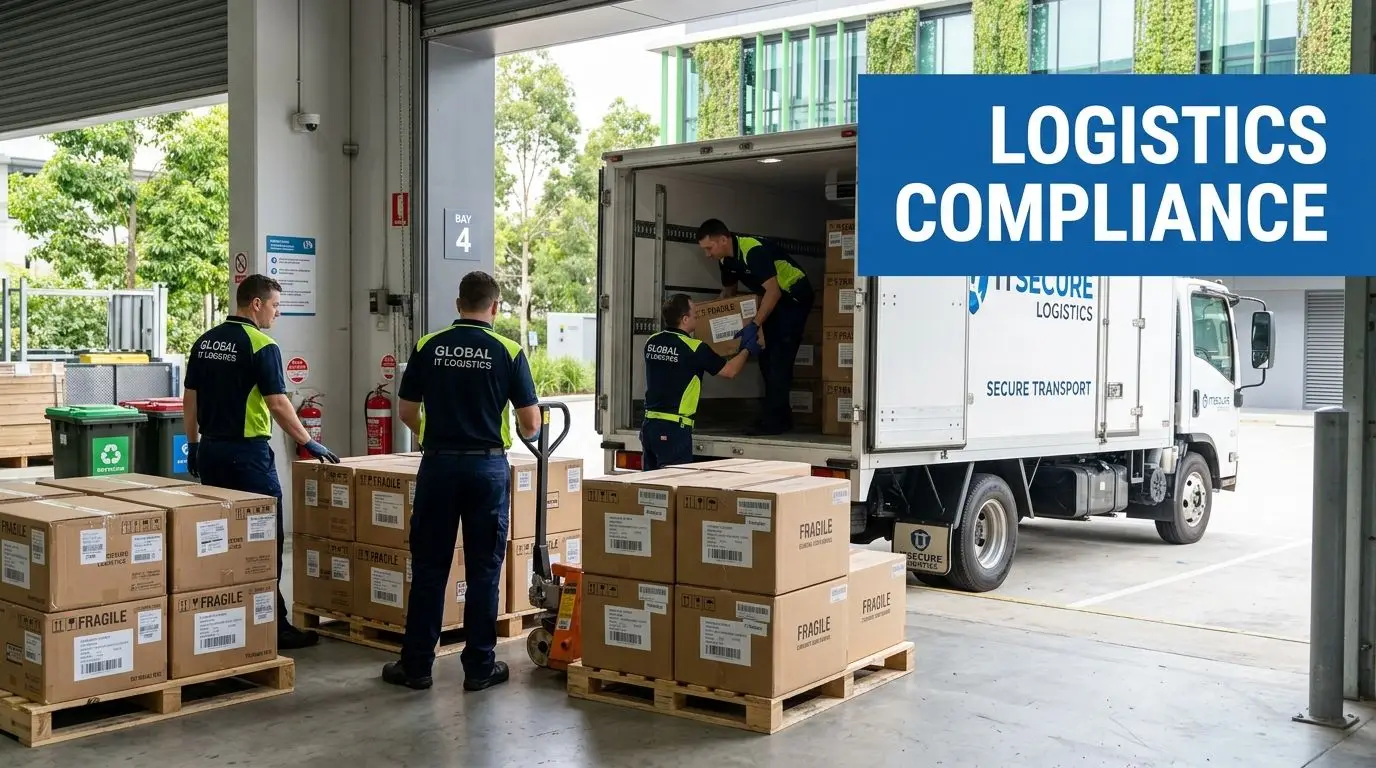Warehouse workers in uniforms loading fragile boxes into a secure logistics truck for equipment transport.