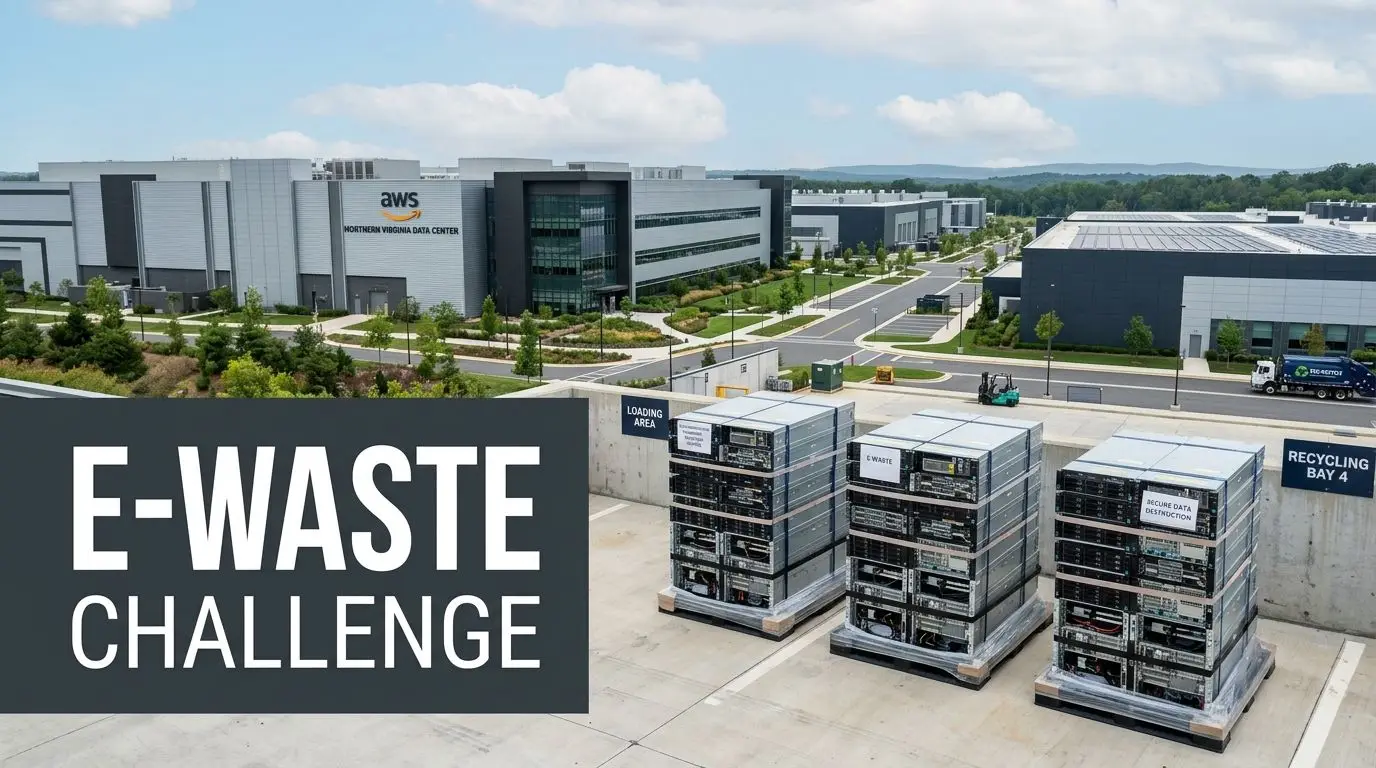 Stacked server equipment awaiting recycling at an Amazon Web Services data center in Northern Virginia.
