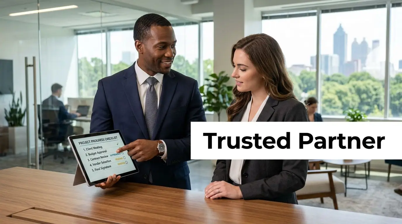 A professional man and woman discussing a project progress checklist on a tablet in an office.