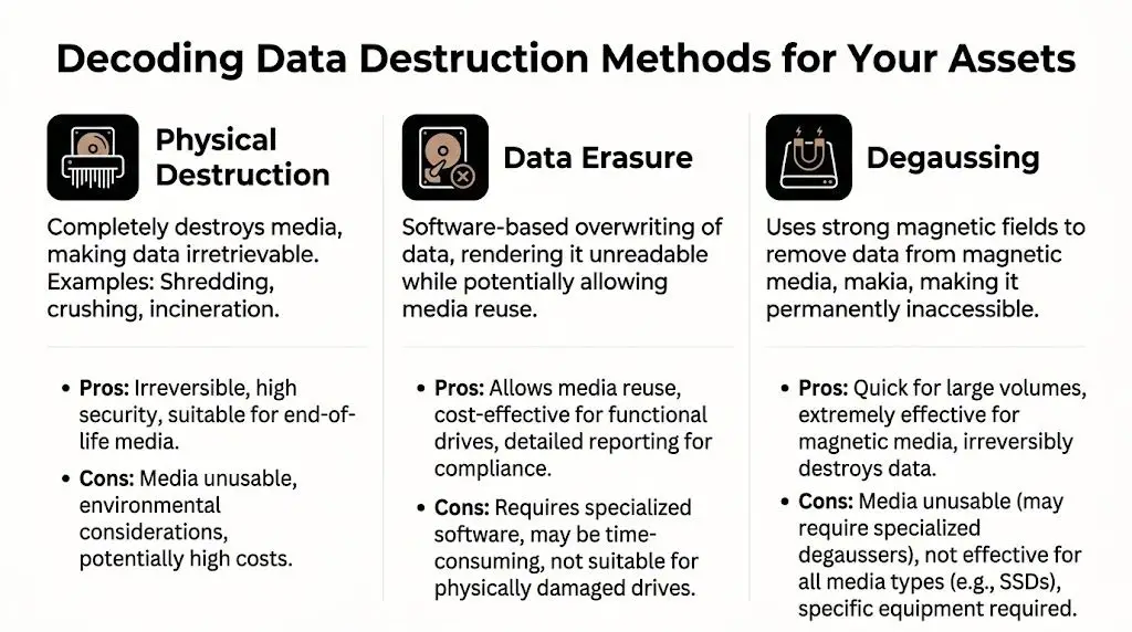 A comparison infographic explaining the three main data destruction methods: physical destruction, data erasure, and degaussing.