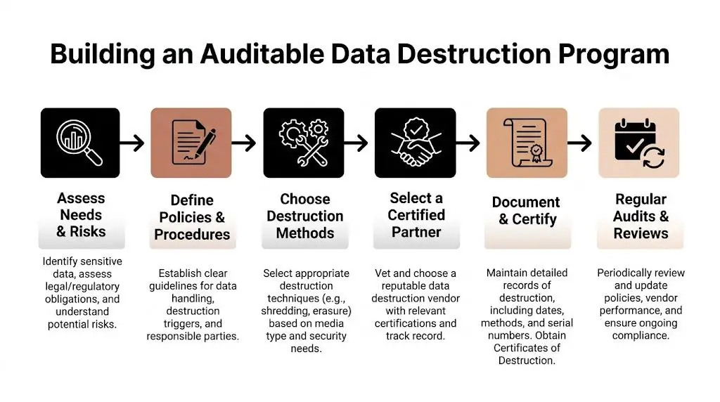 A process flow chart illustrating the six essential steps for building a comprehensive auditable data destruction program.