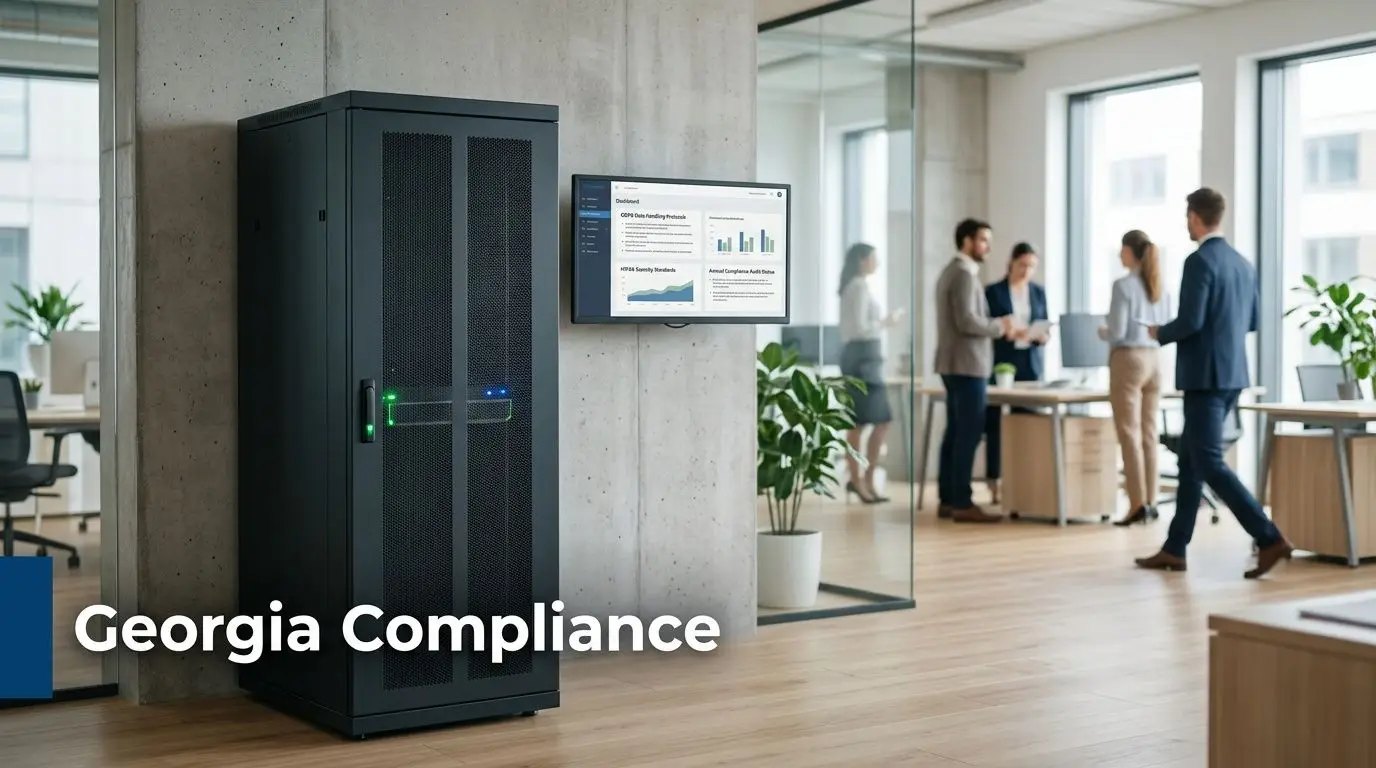 A server rack in a modern office with a data dashboard screen displayed for professional compliance monitoring.