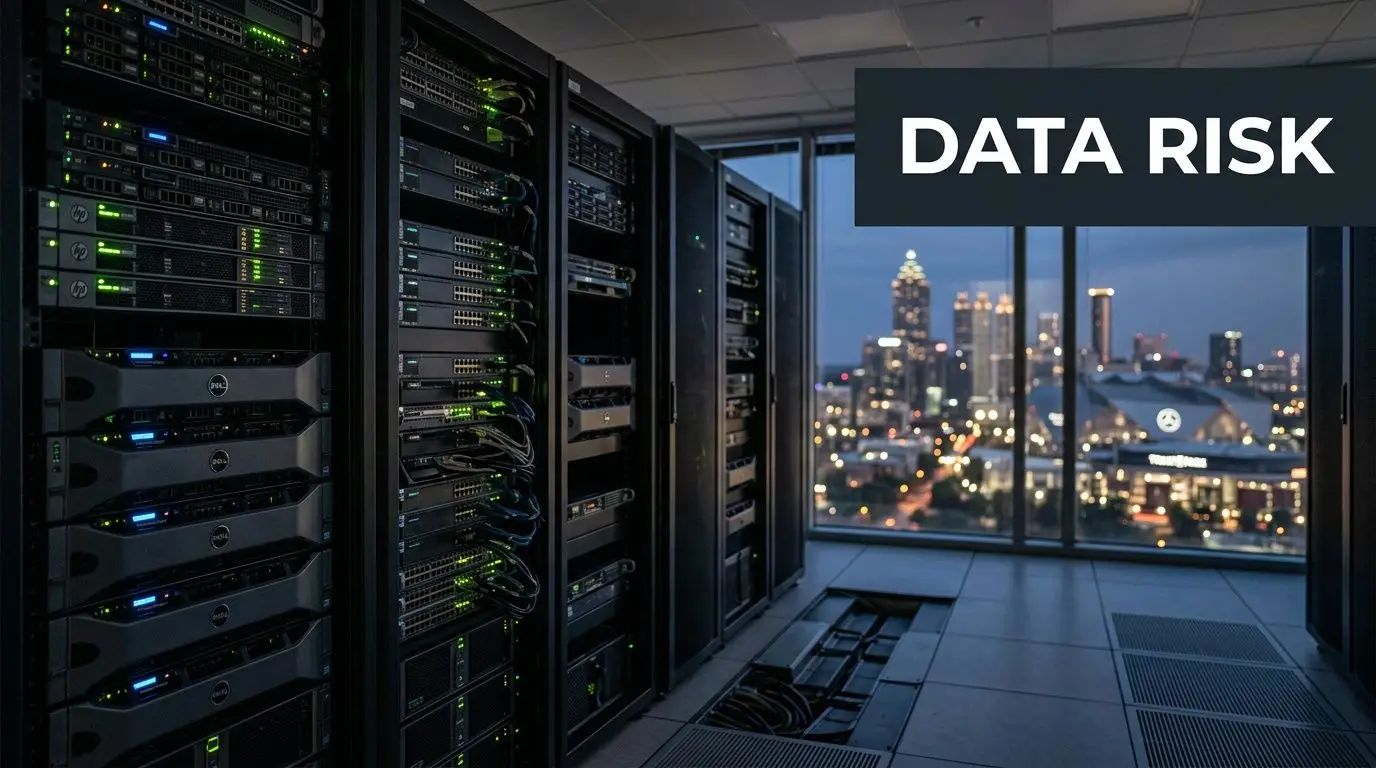 Server room with racks of computer equipment overlooking the Atlanta city skyline at dusk.