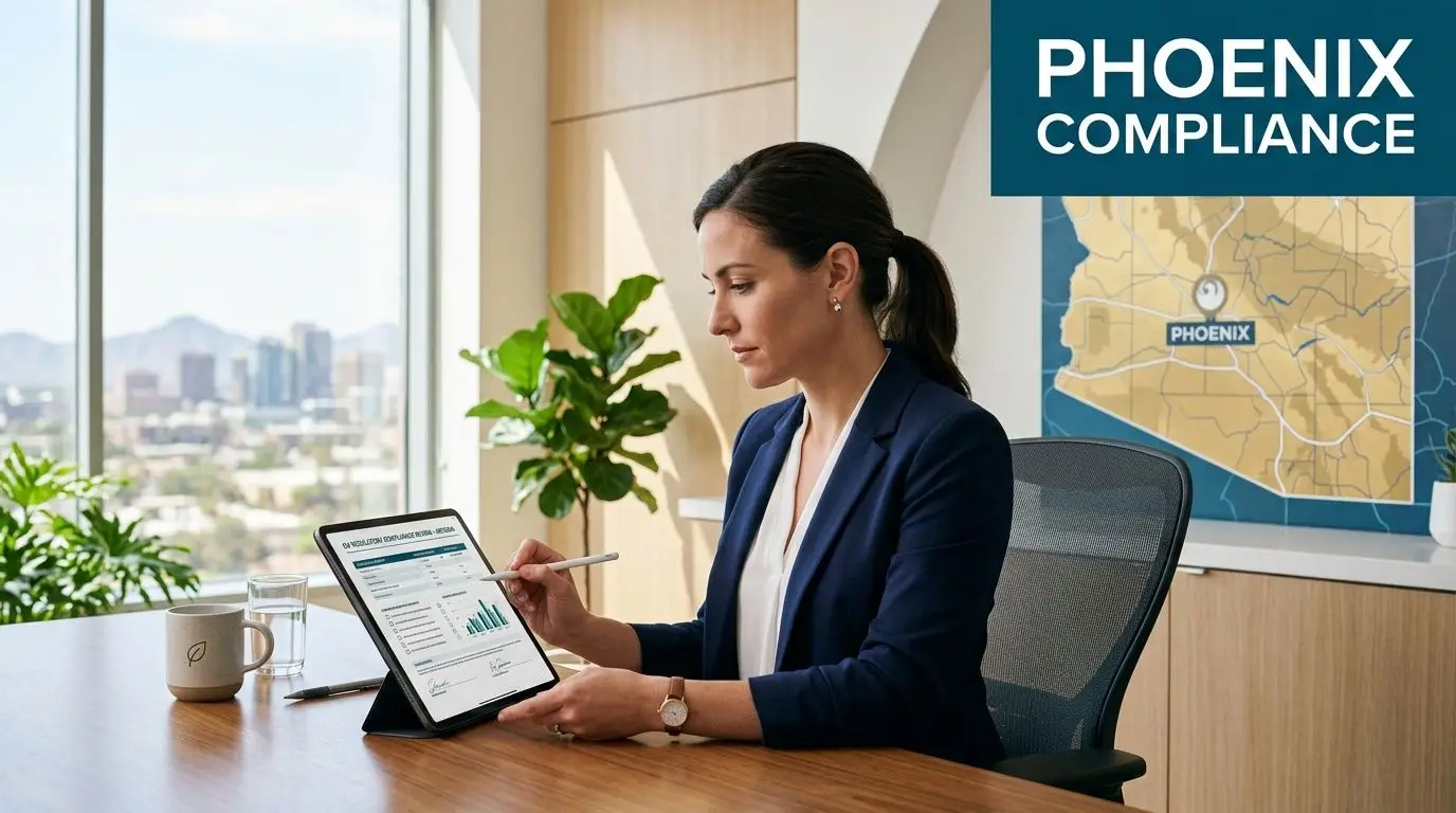 A professional woman in a business suit reviewing compliance data on a tablet in an office setting.