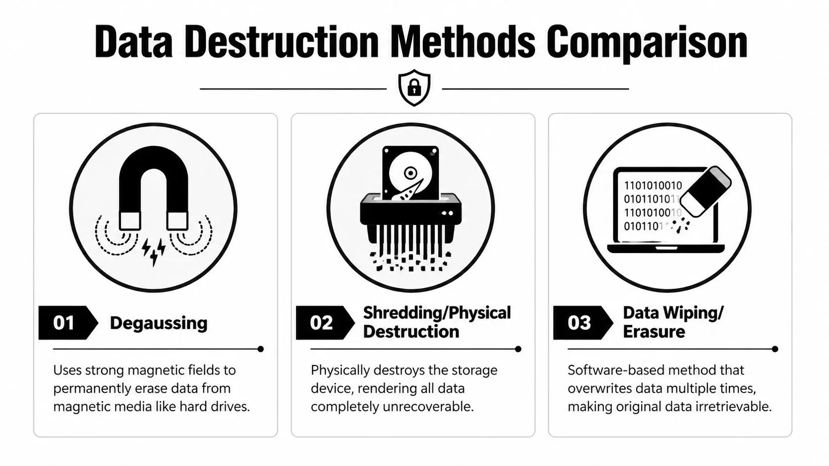 An infographic comparing three data destruction methods including degaussing, physical shredding, and software-based data wiping.