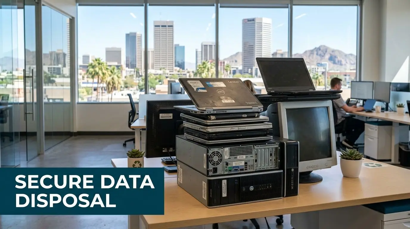 A stack of old laptop and desktop computers sits on an office desk in downtown Phoenix.