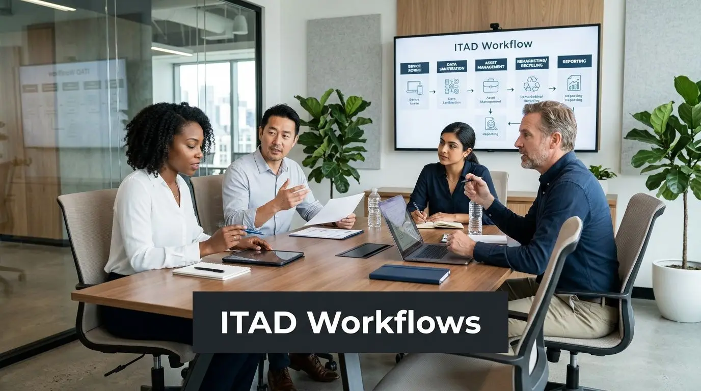 A professional team discussing ITAD workflows in a modern office meeting room with a flow chart display.