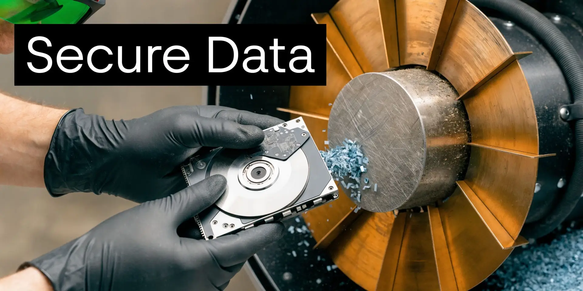 A technician wearing black gloves processes a hard drive for secure data destruction and electronics recycling.