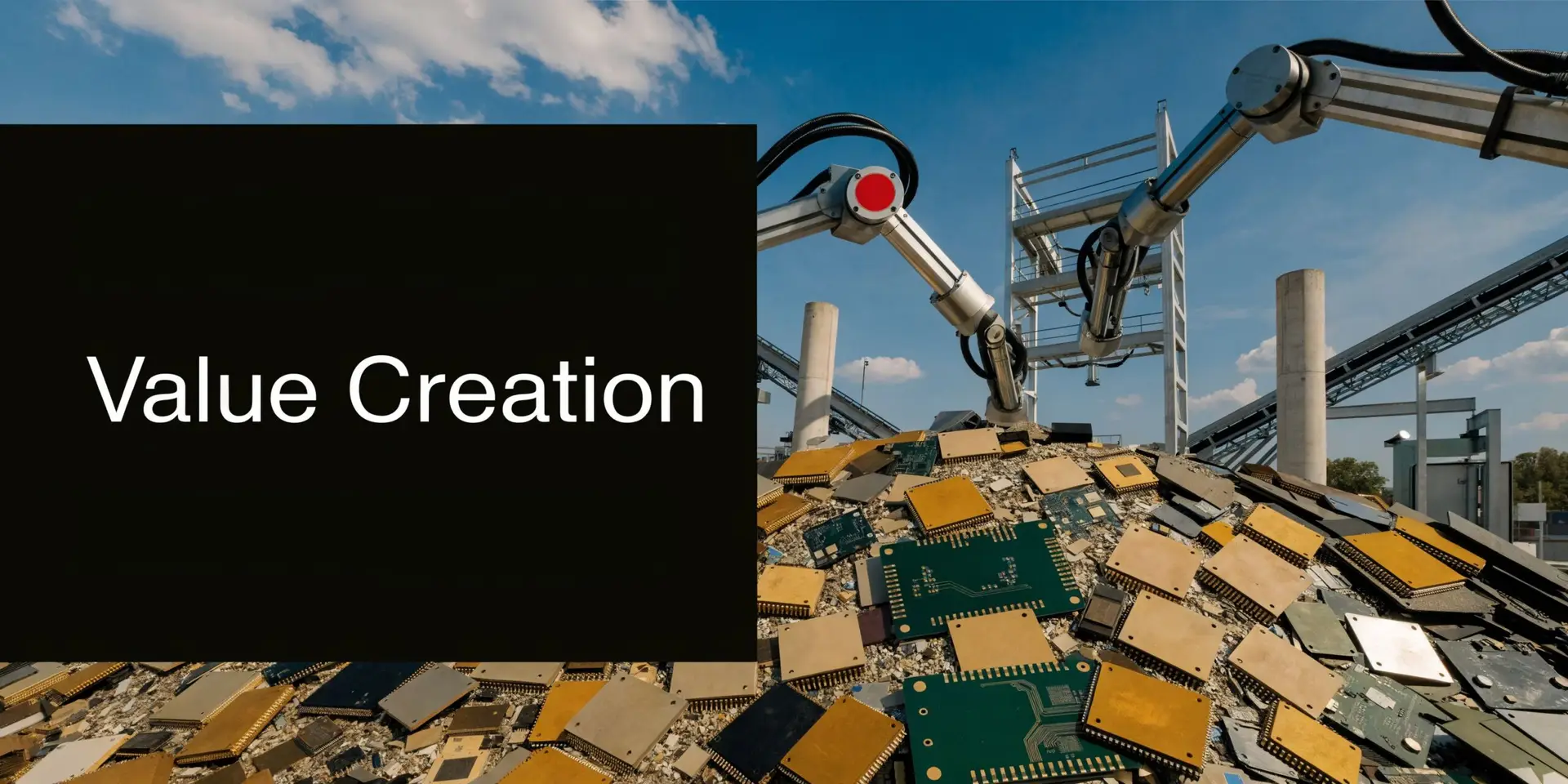 Robotic arms sorting through a massive pile of discarded computer processors and electronic waste components outdoors.