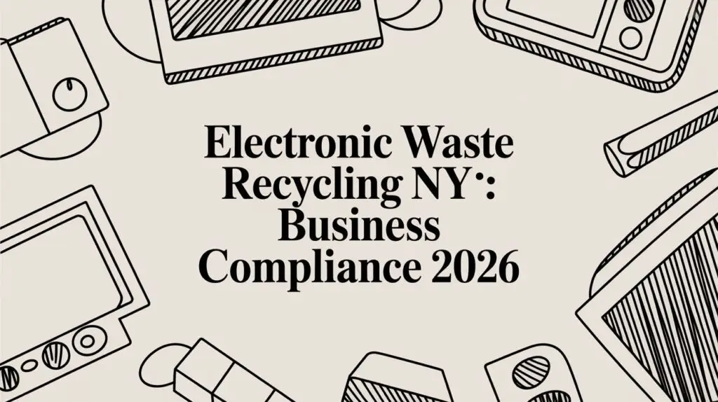 Text reads "Electronic Waste Recycling NY: Business Compliance 2026" surrounded by sketched outlines of electronic devices on a light background.