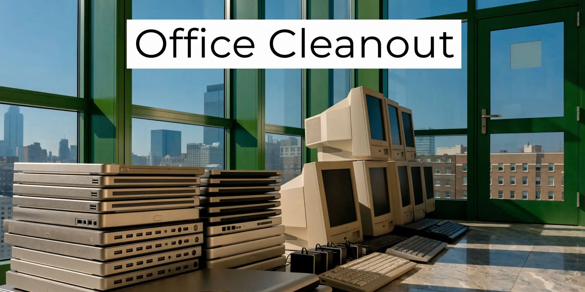 A stack of vintage laptops and monitors in a sunlit office building, highlighting electronic waste recycling.