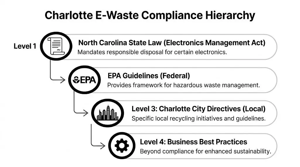 A diagram illustrating the Charlotte E-Waste Compliance Hierarchy from state laws down to business best practices.