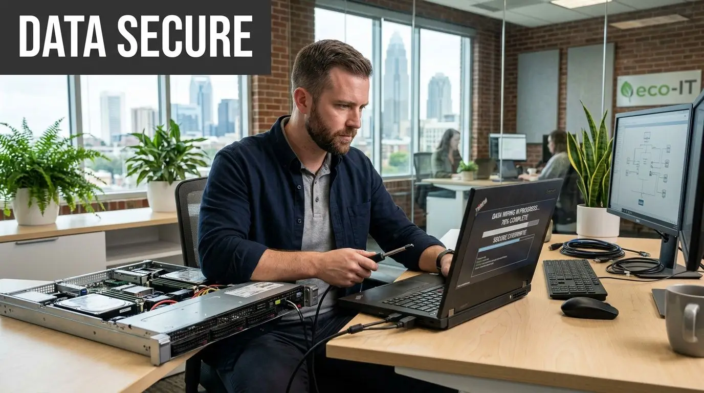 A technician wipes data from a server in a modern office with a Charlotte city skyline view.
