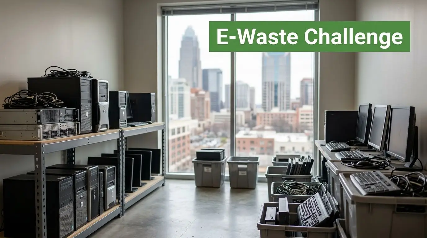 A room filled with electronic waste, including computer towers, monitors, and keyboards, featuring a Charlotte cityscape.