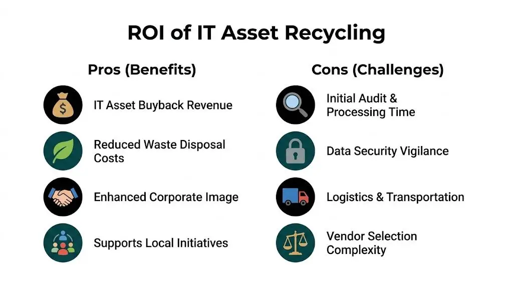 A diagram comparing the advantages and challenges of IT asset recycling for corporate sustainability and financial planning.
