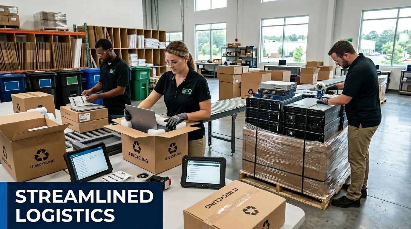 Three workers in a warehouse packing used IT equipment and servers into shipping boxes for recycling.