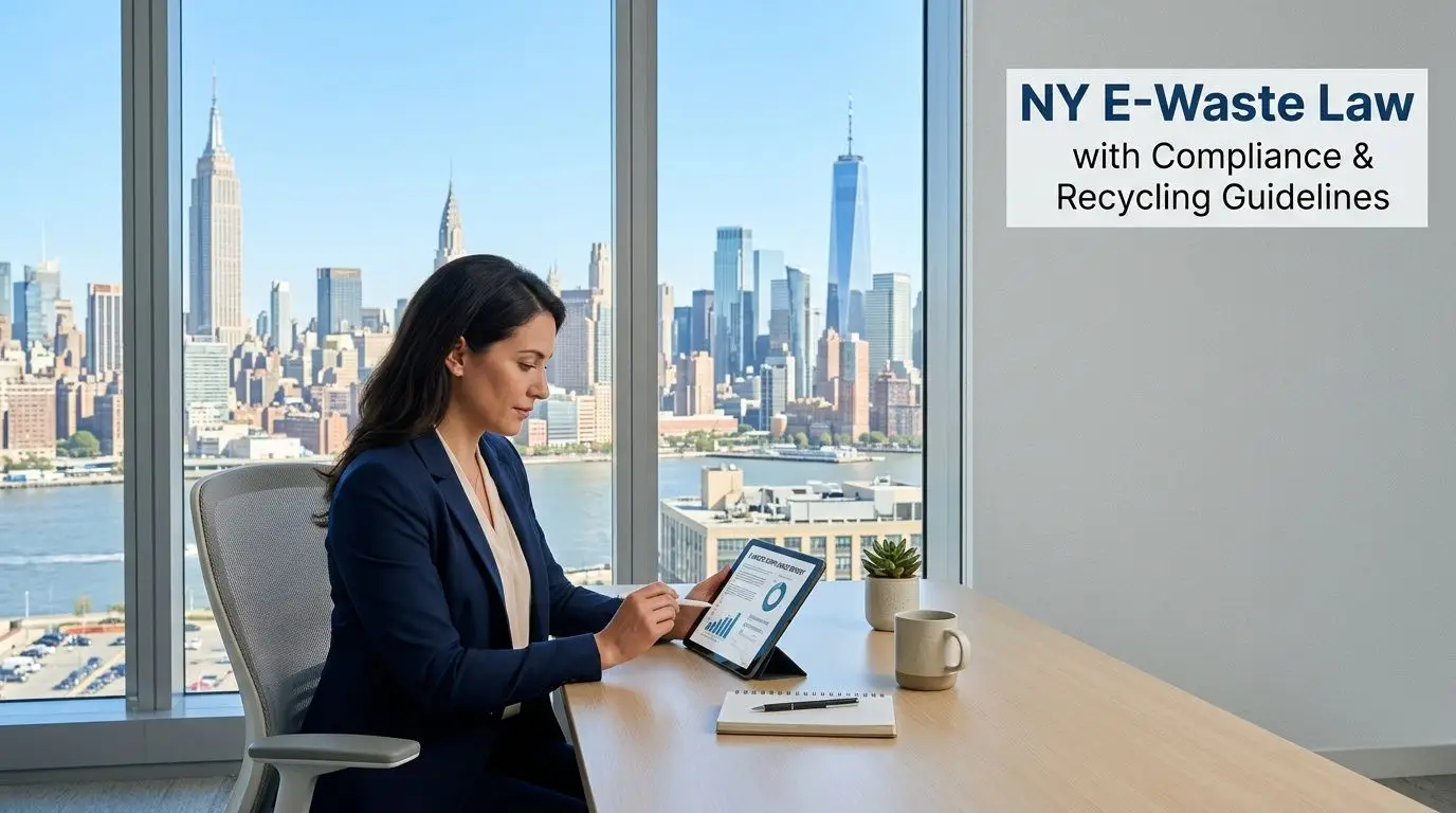 A businesswoman in a modern office looking at data on a tablet with New York City skyline.