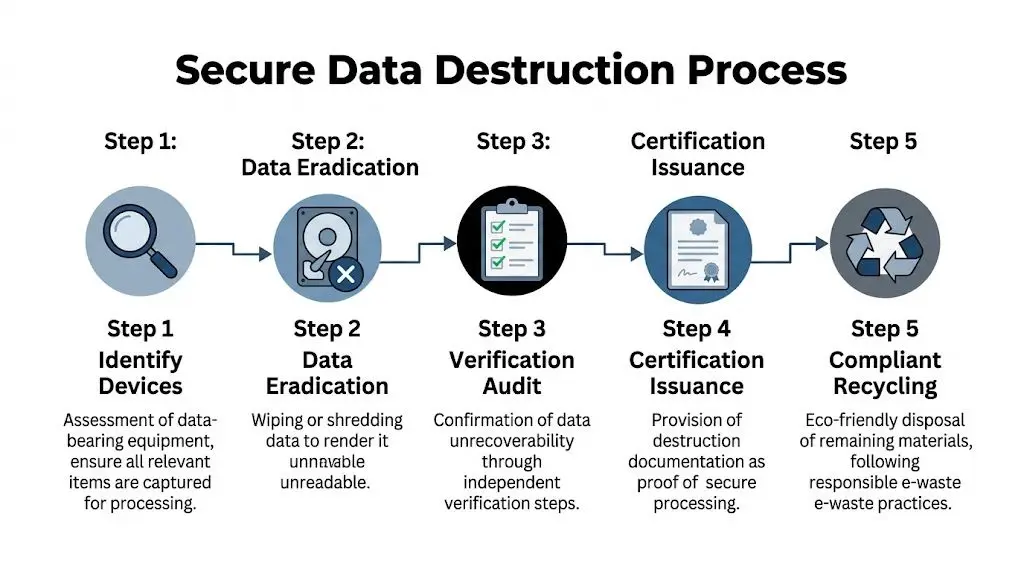 A flowchart showing the five-step process of secure data destruction for businesses and e-waste recycling.