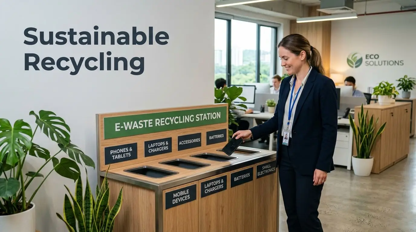 A professional woman recycling an old smartphone into a dedicated e-waste recycling station in a modern office.
