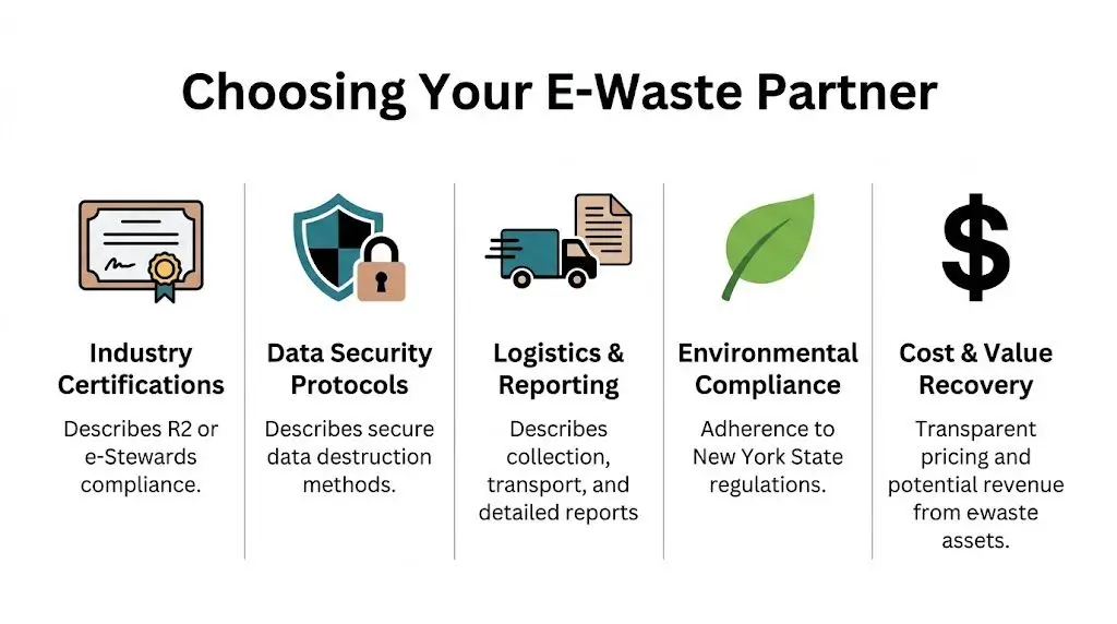 A graphic titled Choosing Your E-Waste Partner outlining five essential factors for selecting an electronics recycling service.