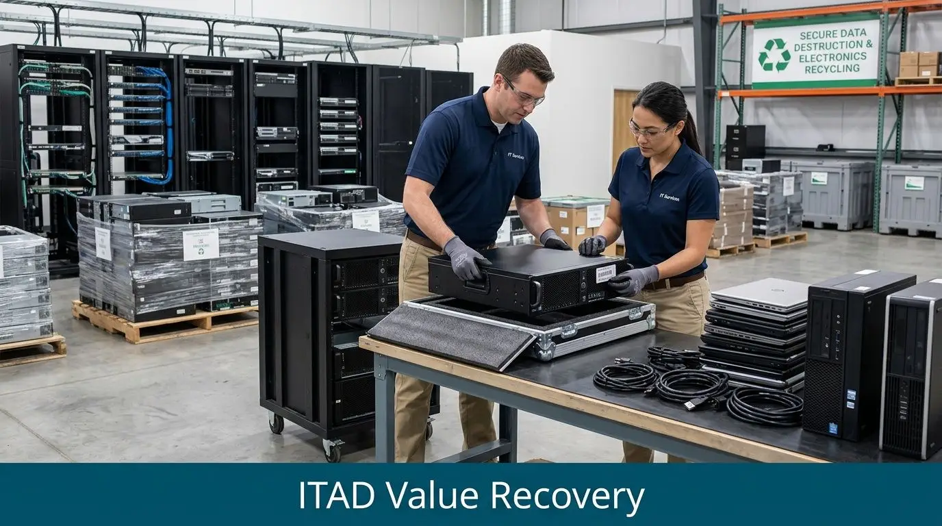 Two technicians in a warehouse handling IT equipment for secure electronics recycling and data destruction services.