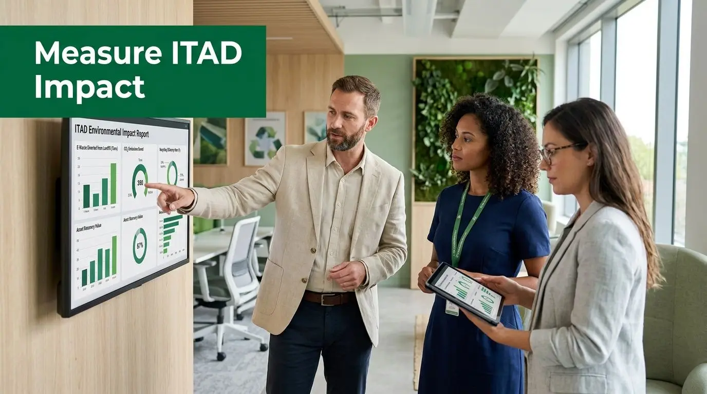 A professional team reviewing data on an ITAD environmental impact report screen in a modern office setting.