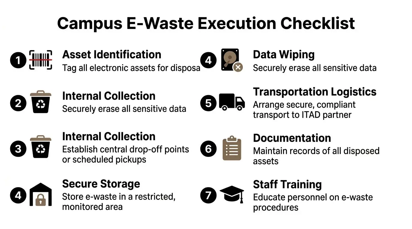 A checklist infographic titled Campus E-Waste Execution Checklist outlining seven steps for managing electronic waste disposal in universities.