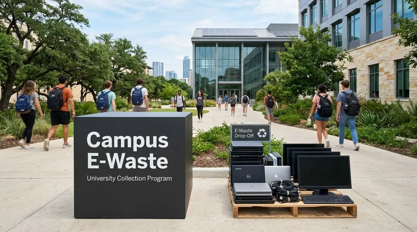 Students walking past a collection point for university electronics recycling featuring laptops and computers on a pallet.