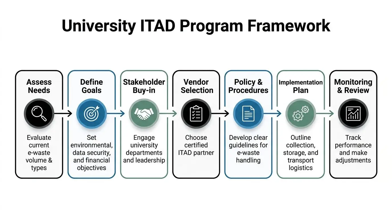 A flowchart diagram illustrating the seven-step University ITAD program framework for managing university electronic waste effectively.