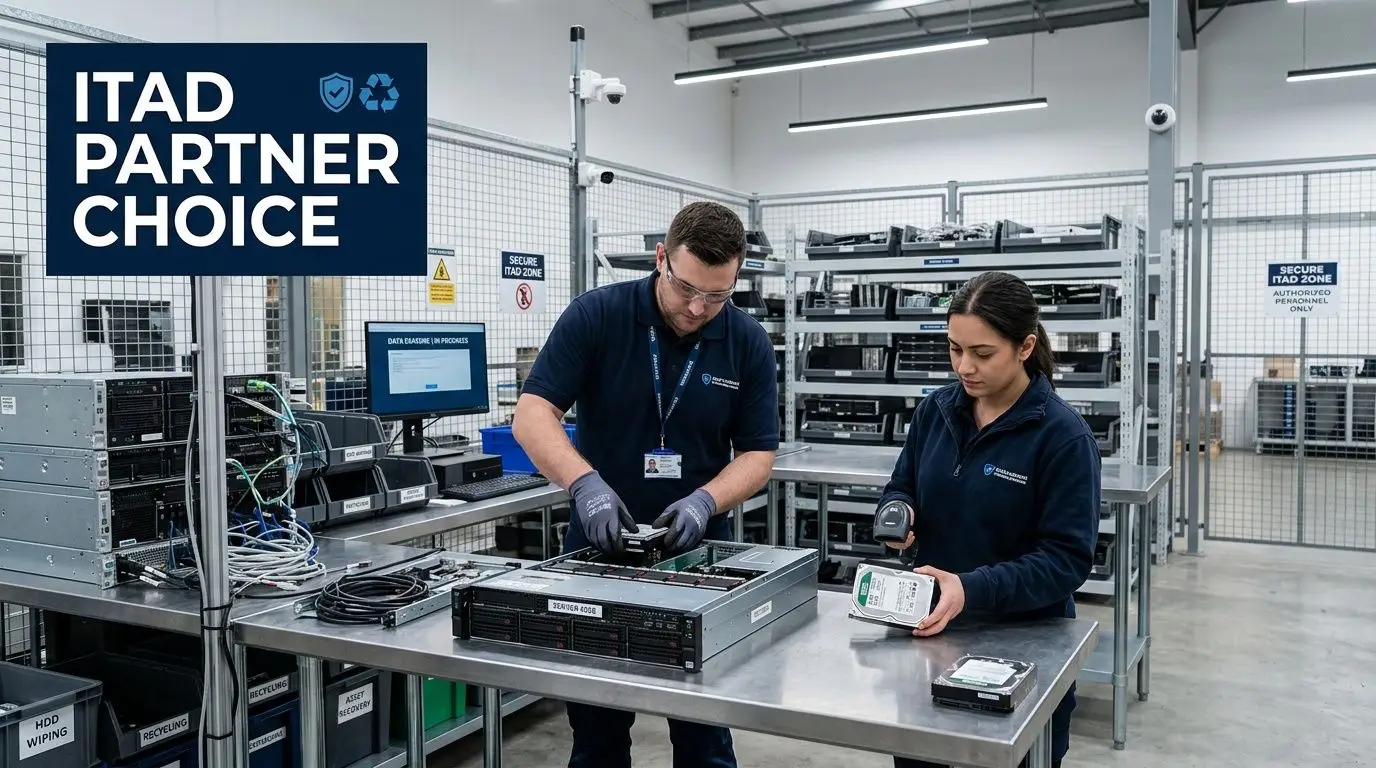 Two technicians in a secure ITAD facility processing and cataloging hard drives for recycling and asset recovery.