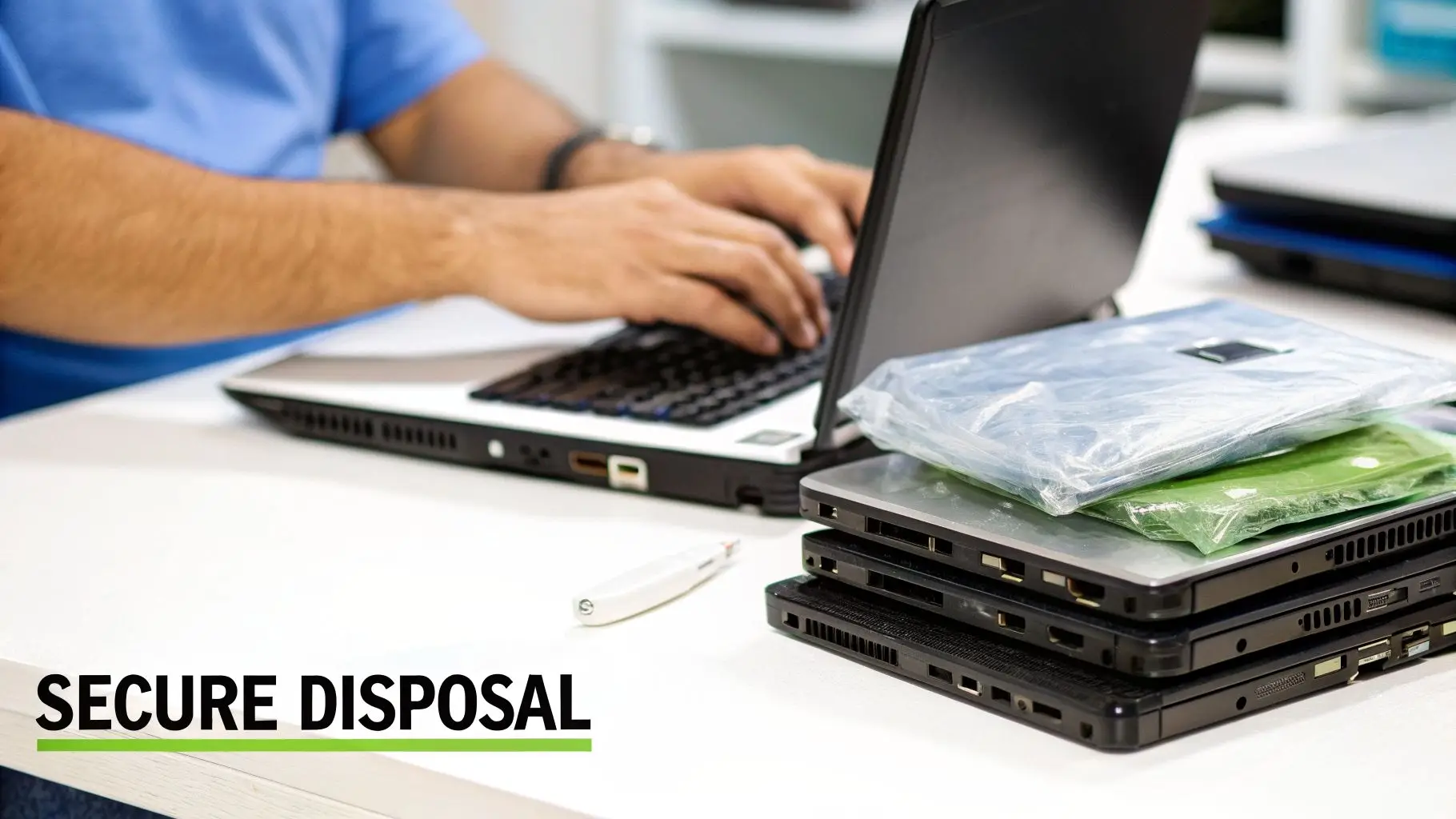 Person typing on a laptop next to a stack of old laptops and packaged hard drives for secure disposal.