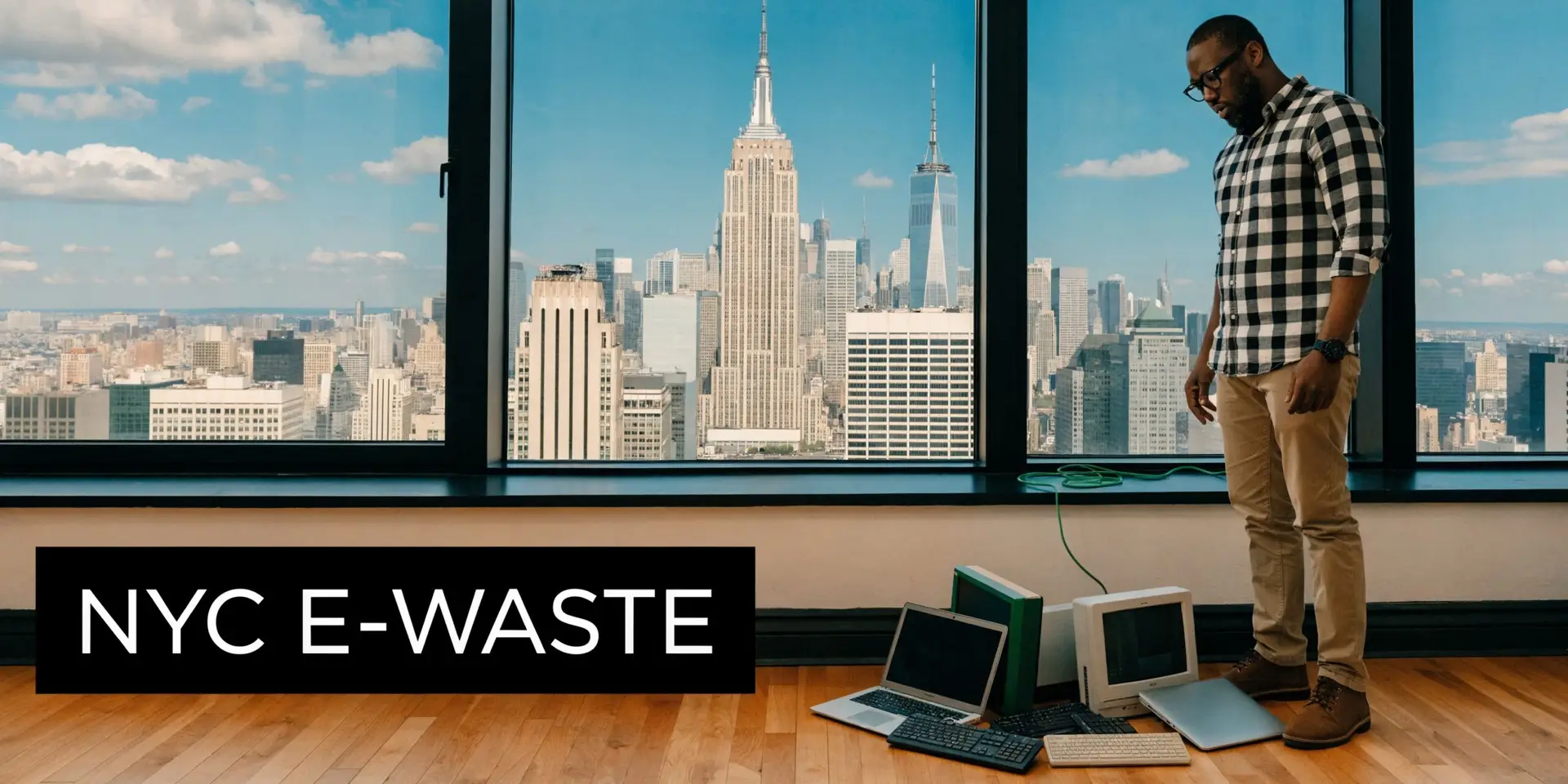 A man standing in a high-rise office in New York City with a pile of electronic waste.
