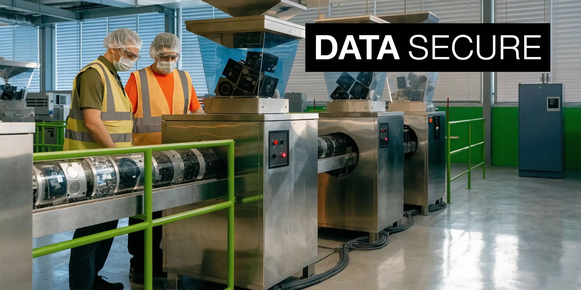 Two technicians in safety gear operate industrial machinery to process and shred recycled electronic devices in a warehouse.