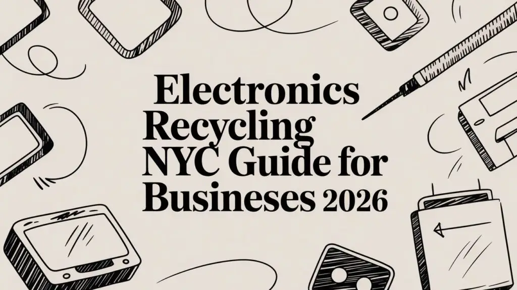 Illustrated banner with electronic devices and text reading "Electronics Recycling NYC Guide for Businesses 2026.