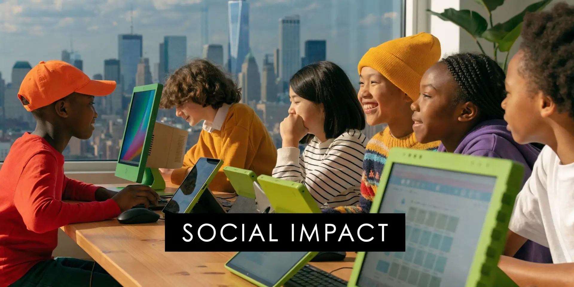 A group of diverse students using colorful educational electronics in a classroom with a cityscape background.