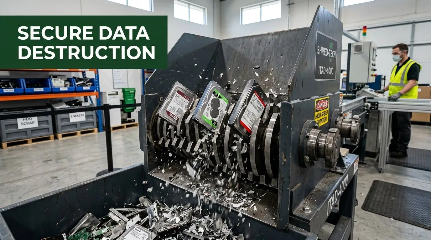 Industrial shredder machine destroying hard drives at a secure data destruction and IT asset disposition facility.