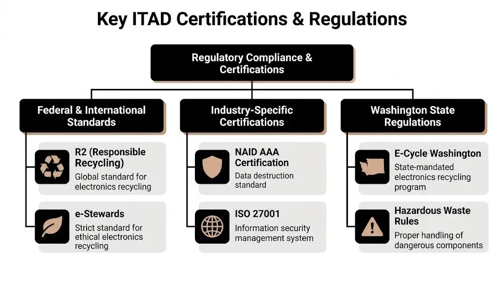 A chart showing key ITAD certifications and regulations, including R2, e-Stewards, NAID, ISO 27001, and Washington State rules.