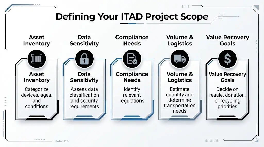 An infographic titled Defining Your ITAD Project Scope outlining five key steps for managing technology asset disposition.