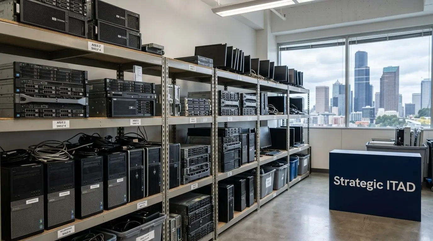 Shelving units filled with recycled server and computer hardware in an office overlooking the Seattle skyline.