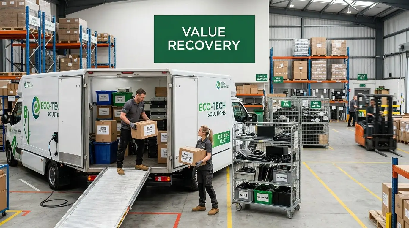 Workers loading boxes into an Eco-Tech Solutions electric delivery truck at a warehouse for asset recovery.