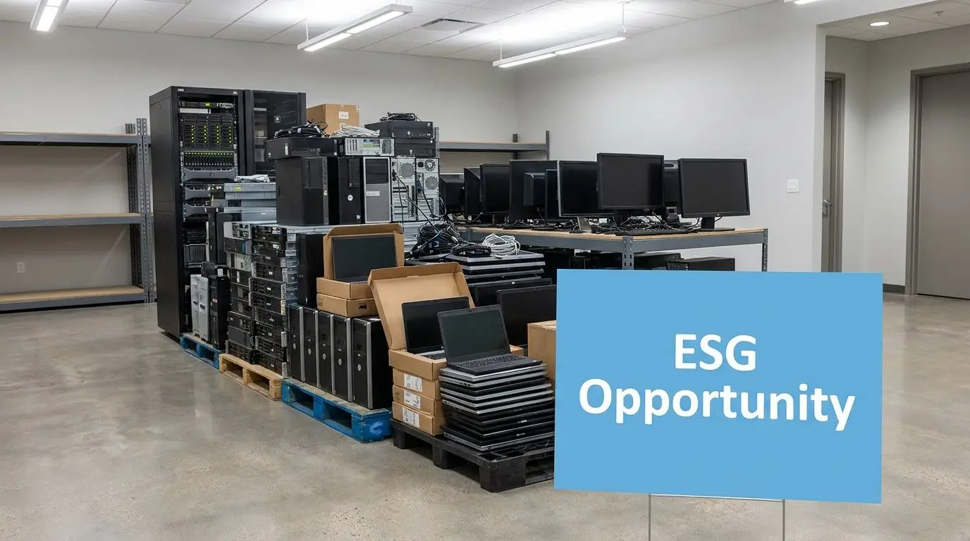 A room featuring a large inventory of recycled server racks, desktop computers, and laptops for ESG initiatives.
