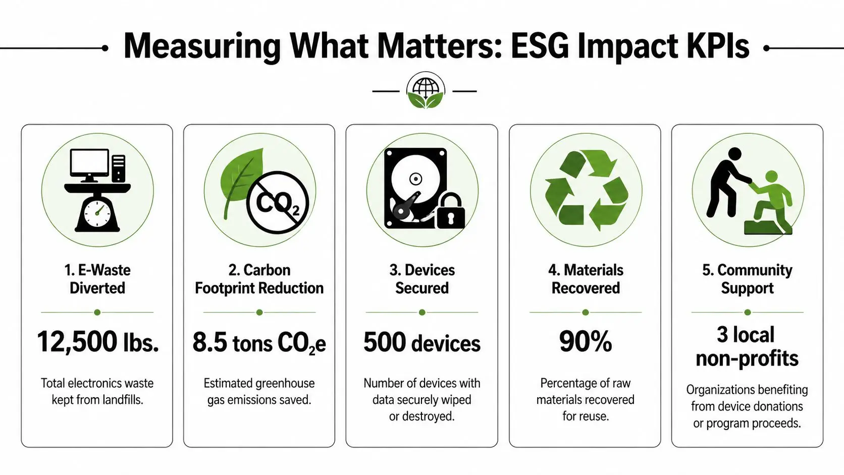 An infographic titled Measuring What Matters showing five ESG impact metrics related to electronics recycling programs.