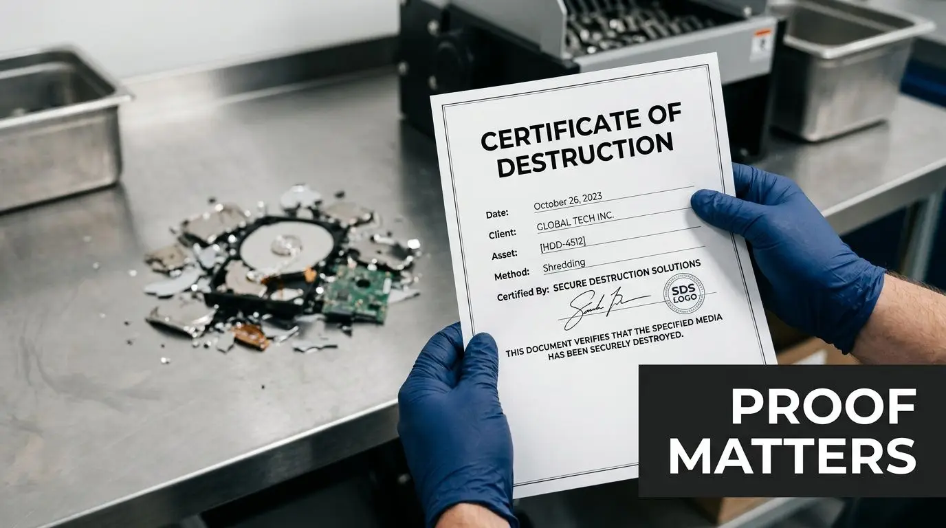 A person in blue latex gloves holds a Certificate of Destruction next to shredded hard drive components.