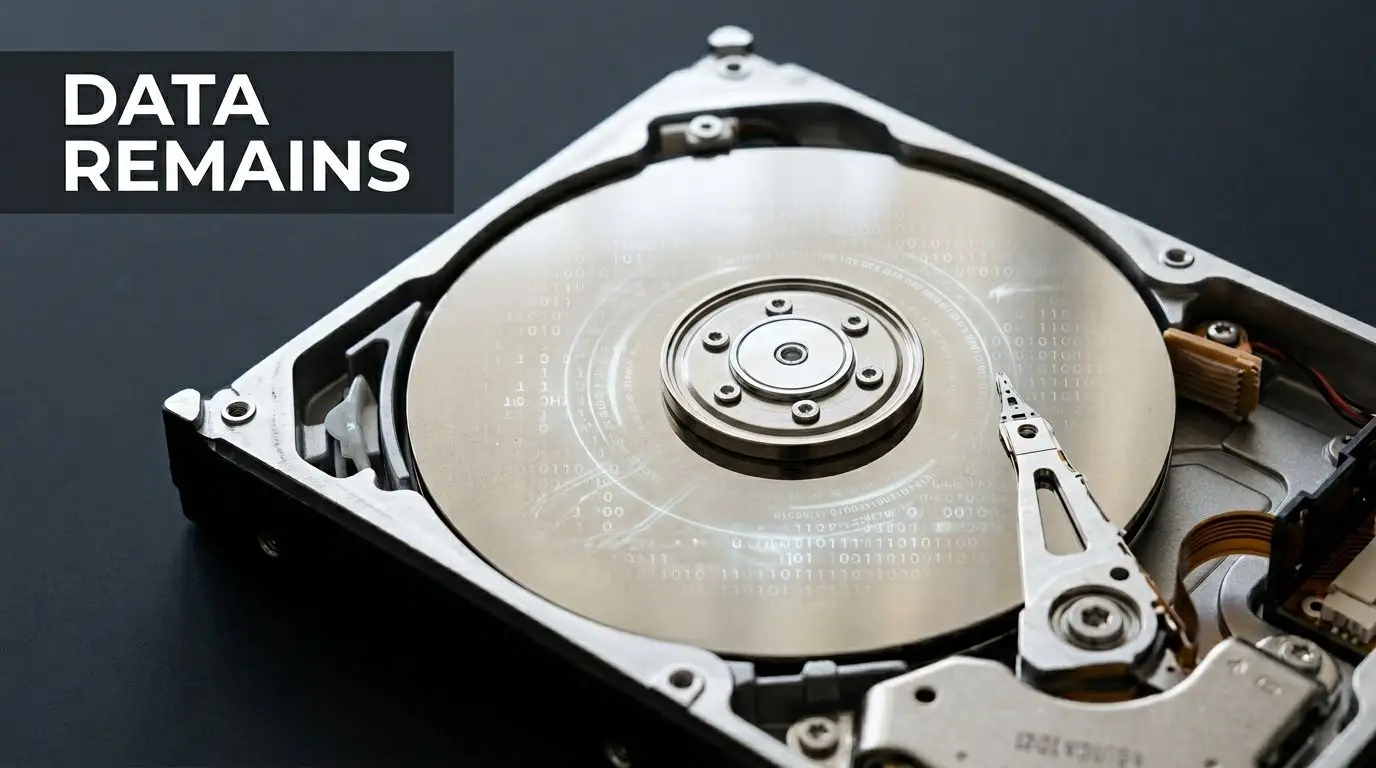 An open hard disk drive displaying binary code reflections on its magnetic platter surface.