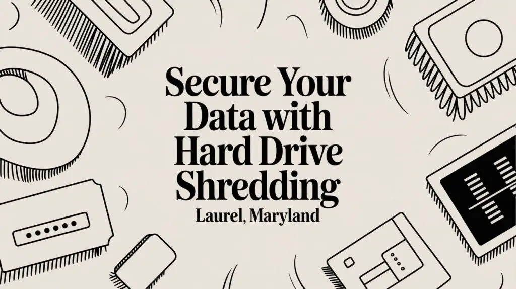 Illustration of various hard drives and computer parts with bold text reading "Secure Your Data with Hard Drive Shredding, Laurel, Maryland.