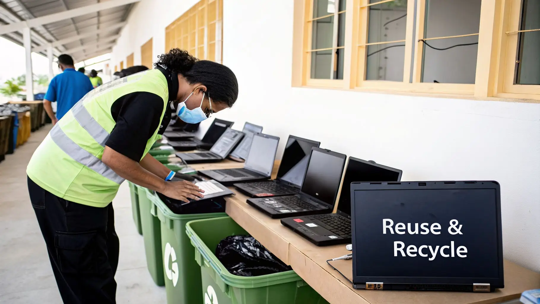 A person in a safety vest and mask sorting laptops for reuse and recycling, with many devices and green bins.