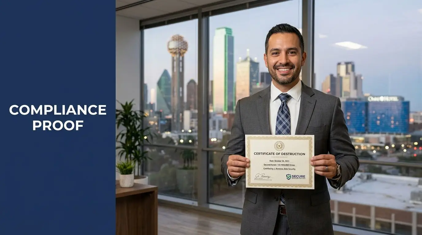 A professional man holding a Certificate of Destruction for hard drive shredding services in Dallas, Texas.