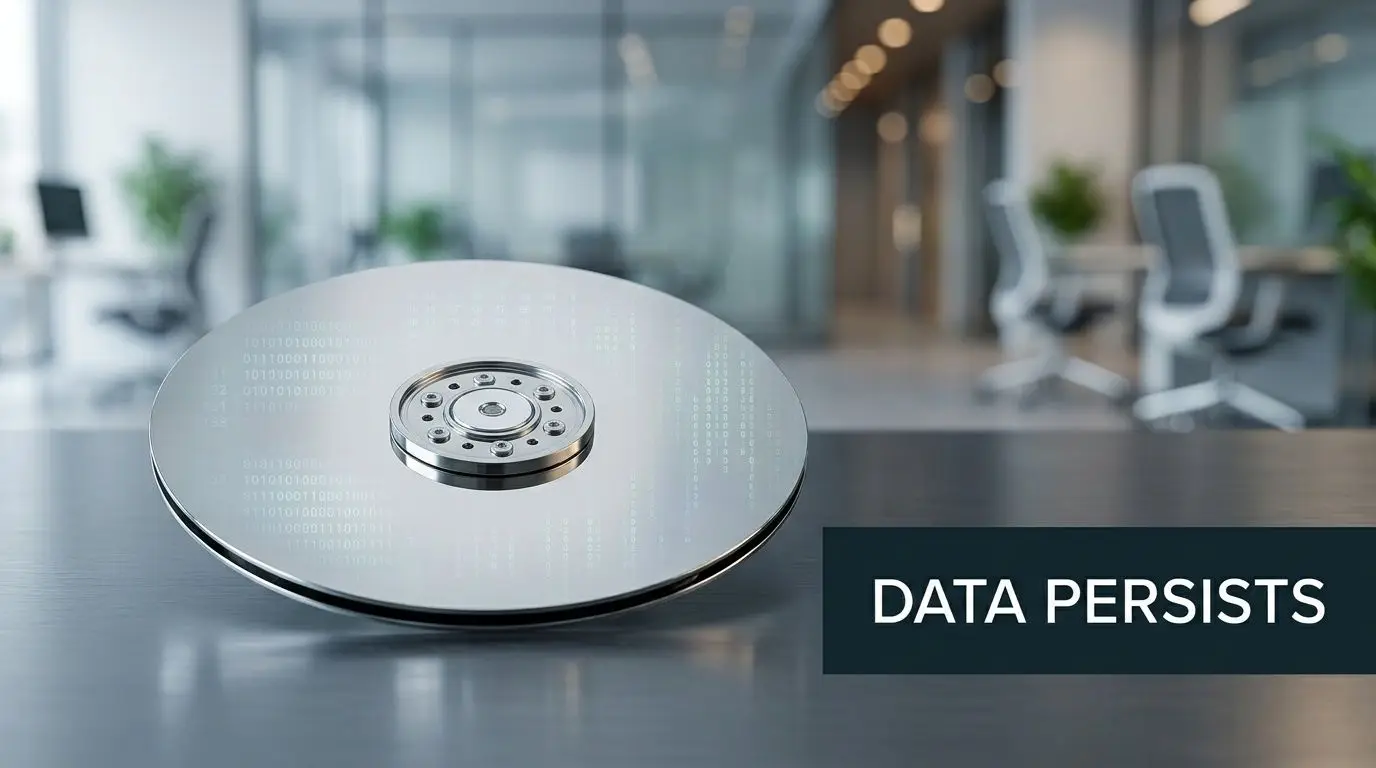 A close-up view of a computer hard drive platter featuring binary code, resting on an office desk.